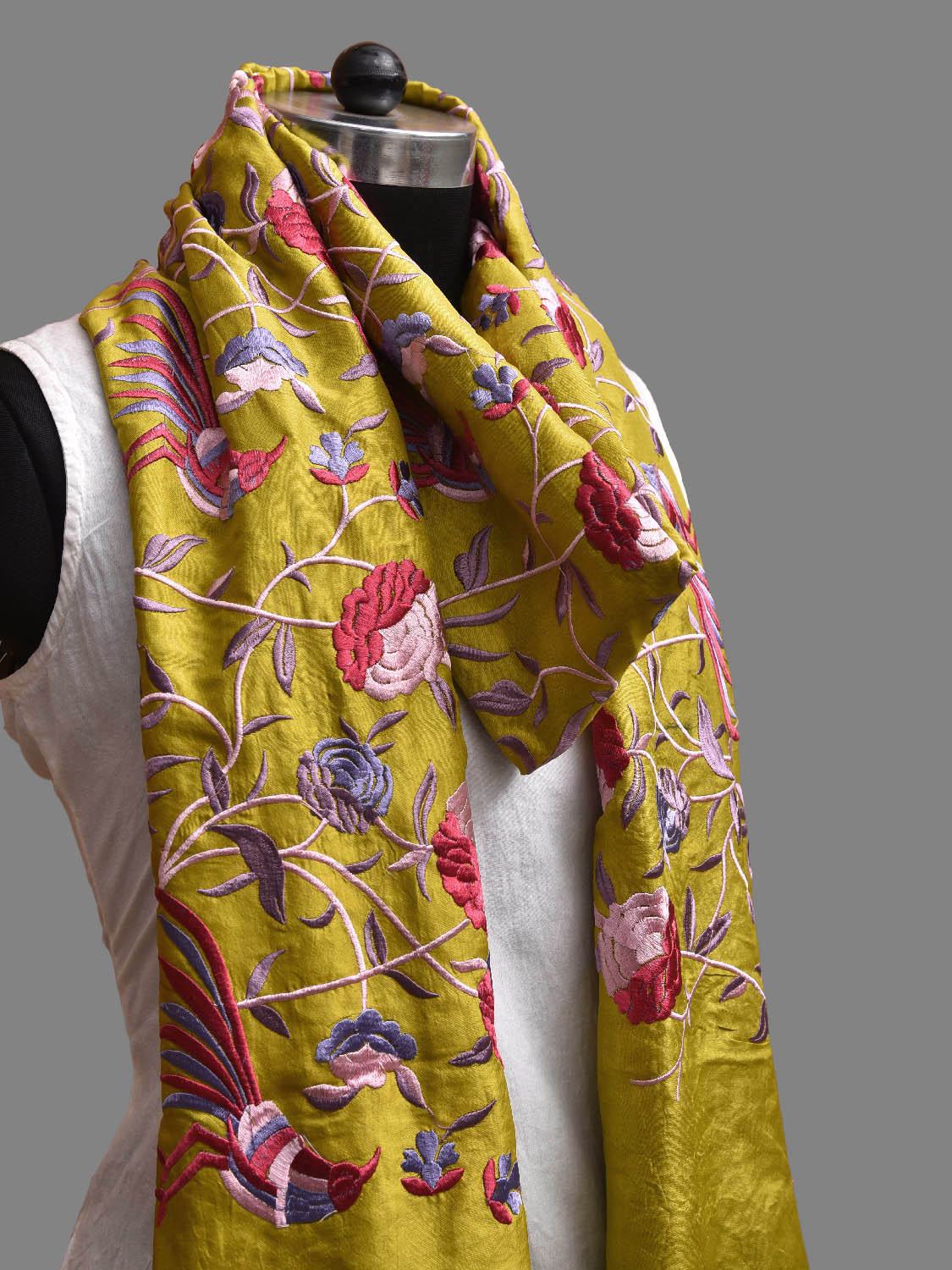 Olive and Red Parsigara Kanchipuram Silk Dupatta with Floral and Birds Design ds3852