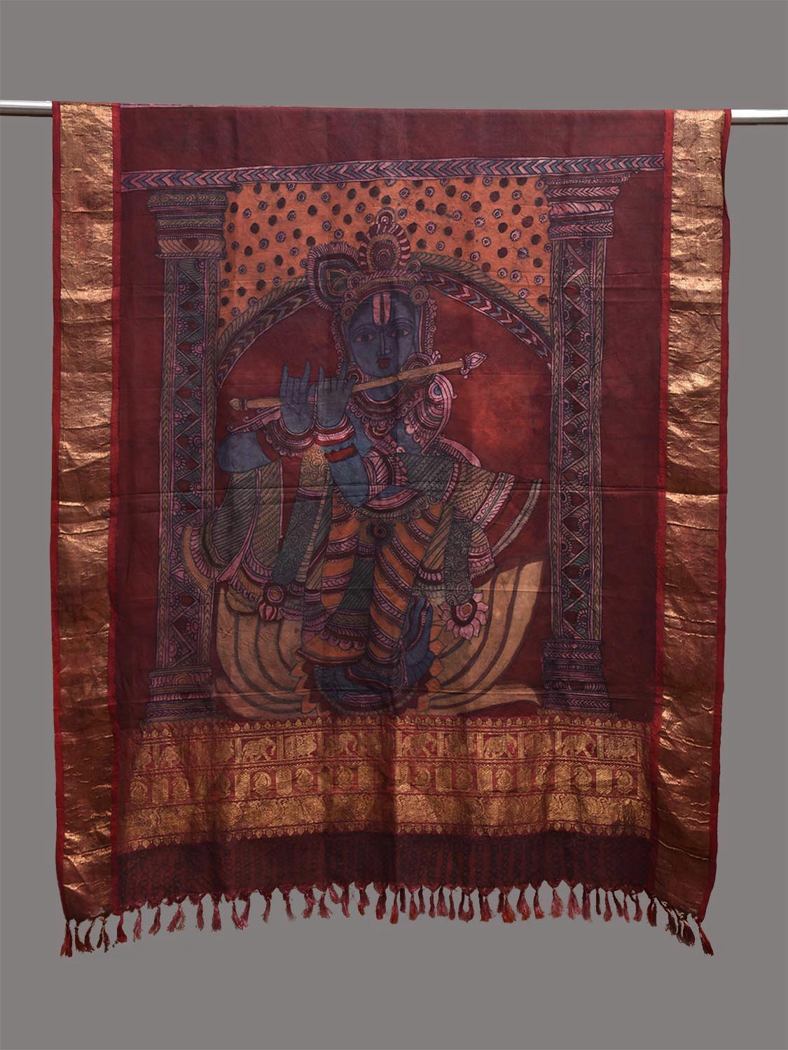 Dark Red Kalamkari Hand Painted Kanchipuram Silk Dupatta with Krishna Design ds3854