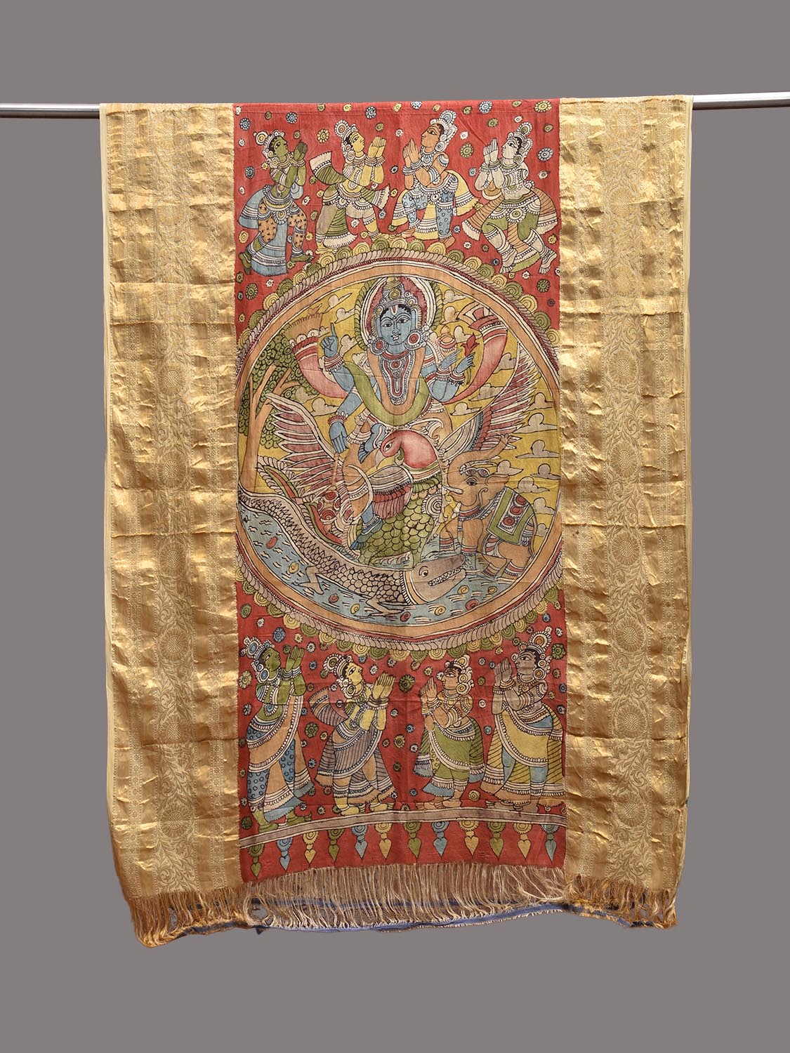 Red Kalamkari Hand Painted Kanchipuram Silk Dupatta with Krishna Design ds3855