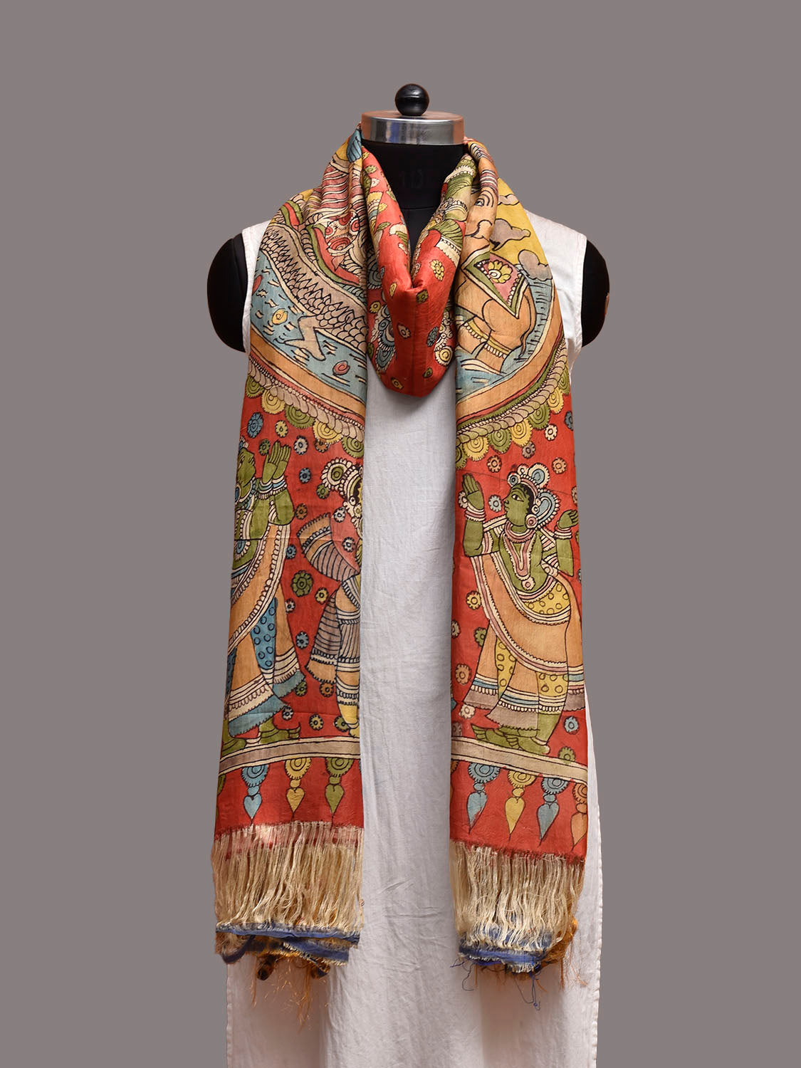 Red Kalamkari Hand Painted Kanchipuram Silk Dupatta with Krishna Design ds3855
