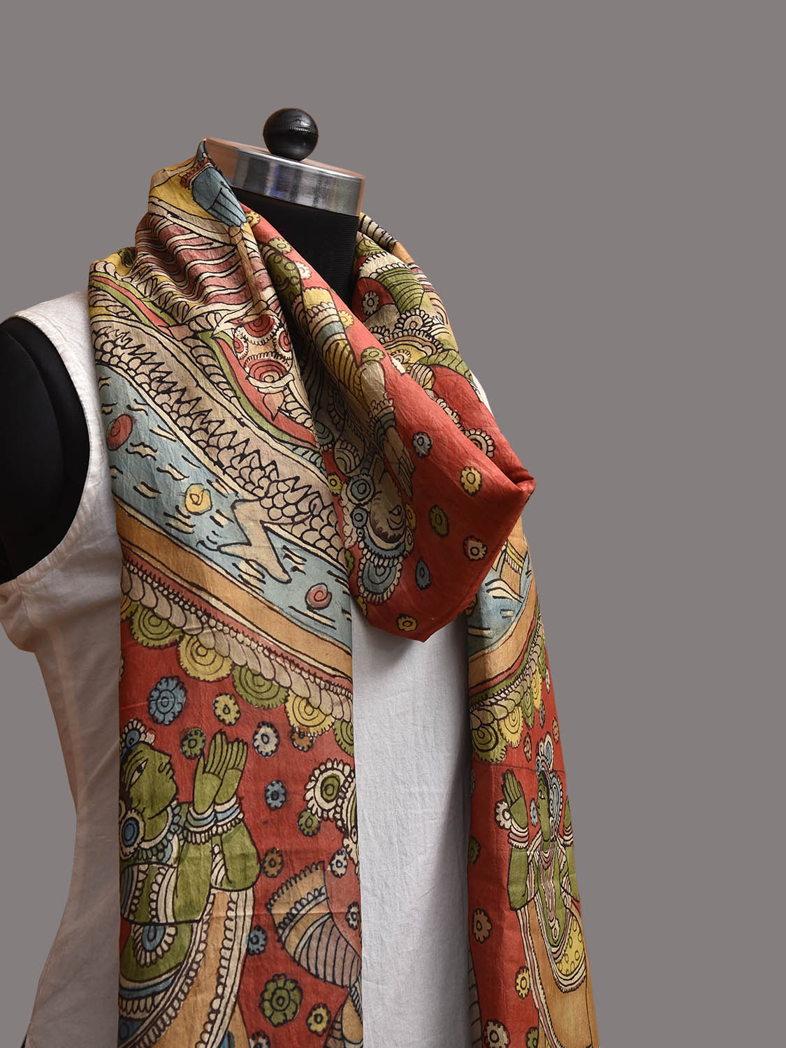 Red Kalamkari Hand Painted Kanchipuram Silk Dupatta with Krishna Design ds3855