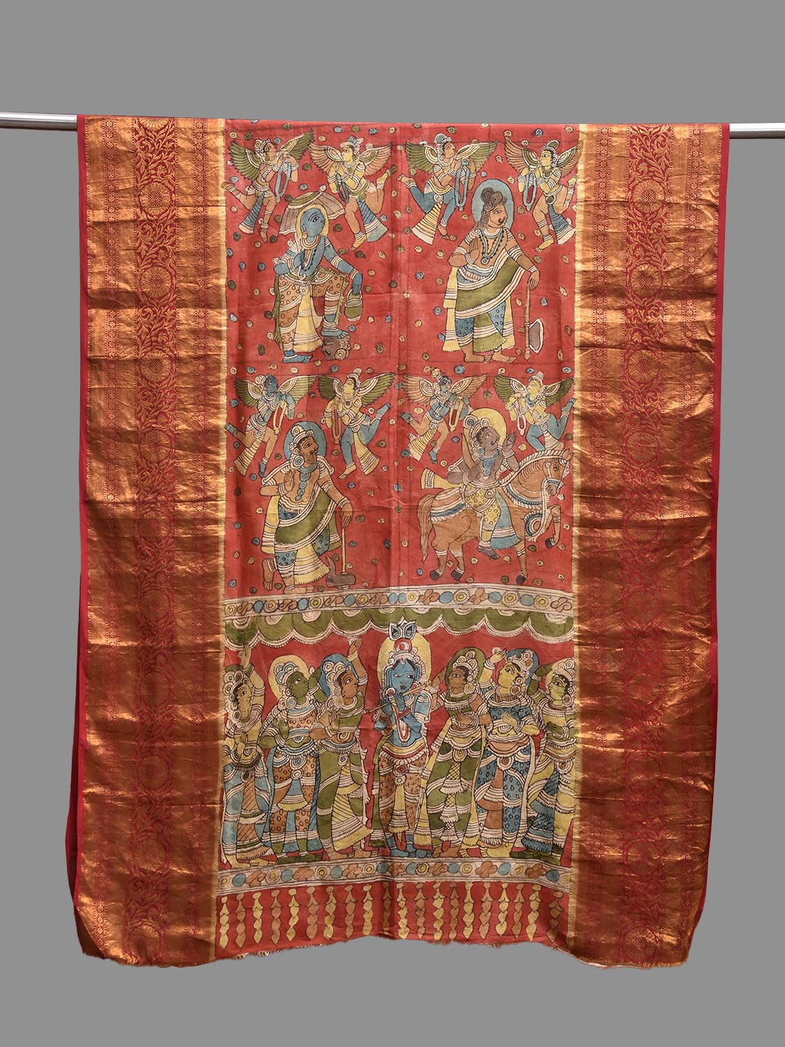 Red and Olive Kalamkari Hand Painted Kanchipuram Silk Dupatta with Krishna Design ds3858