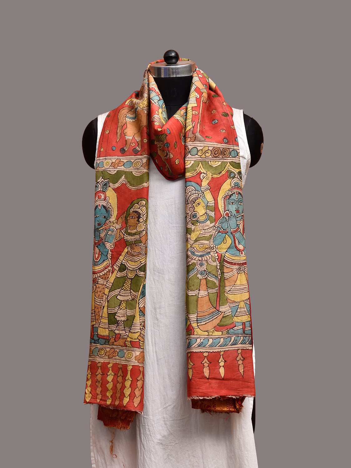 Red and Olive Kalamkari Hand Painted Kanchipuram Silk Dupatta with Krishna Design ds3858
