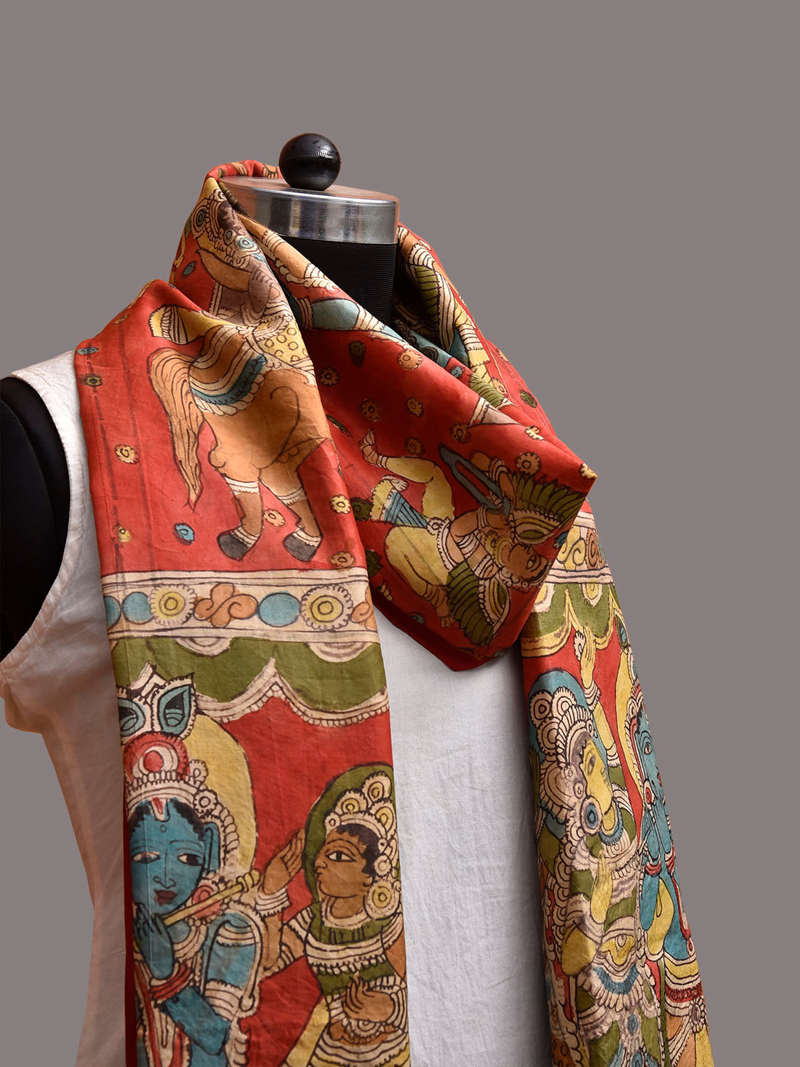 Red and Olive Kalamkari Hand Painted Kanchipuram Silk Dupatta with Krishna Design ds3858