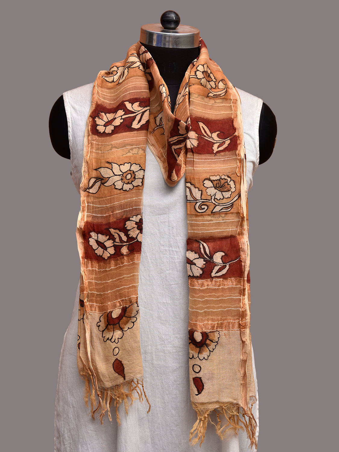 Red and Mustard Kalamkari Hand Painted Cotton Silk Dupatta with Strips and Floral Design ds3859