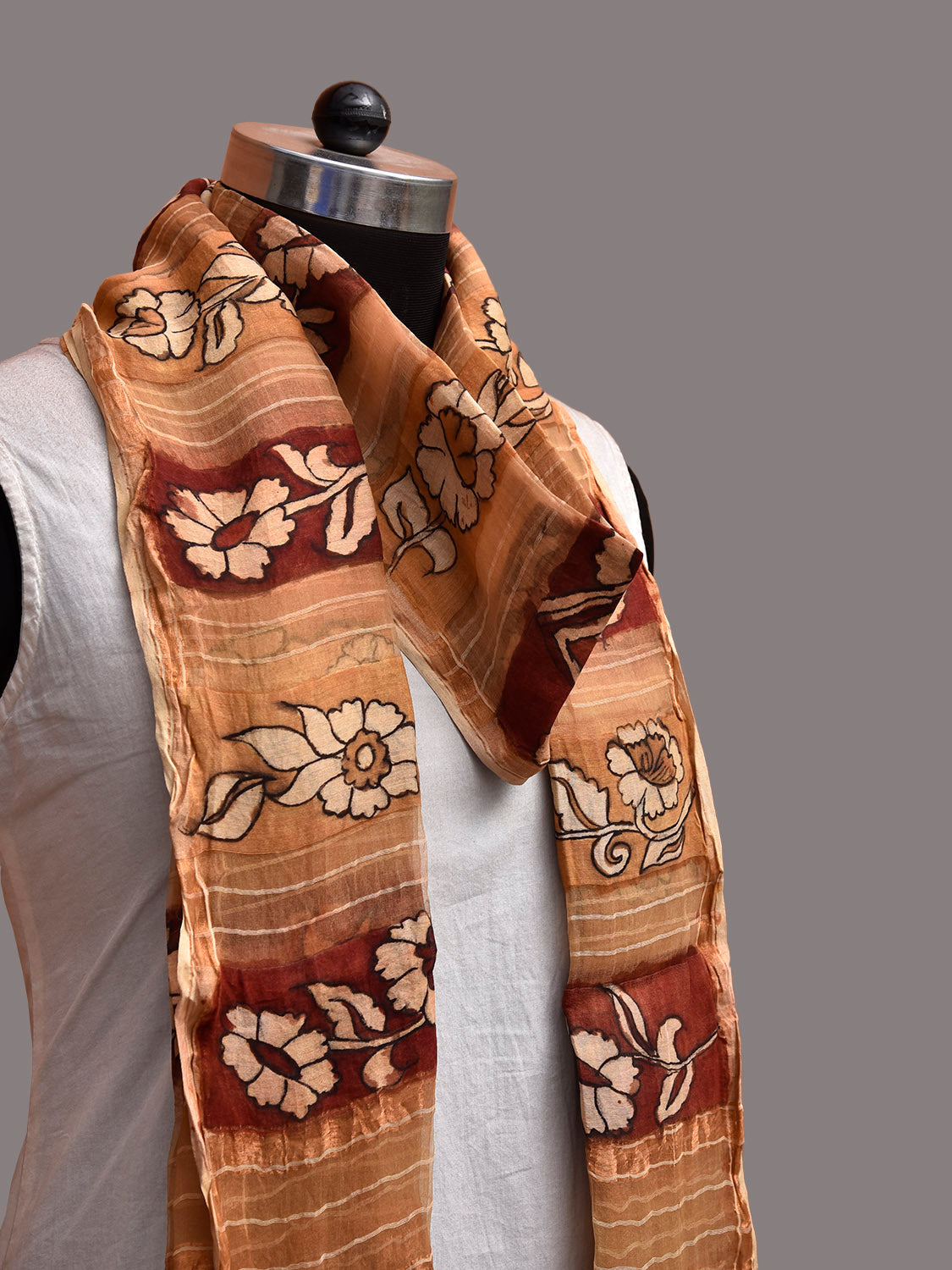 Red and Mustard Kalamkari Hand Painted Cotton Silk Dupatta with Strips and Floral Design ds3859
