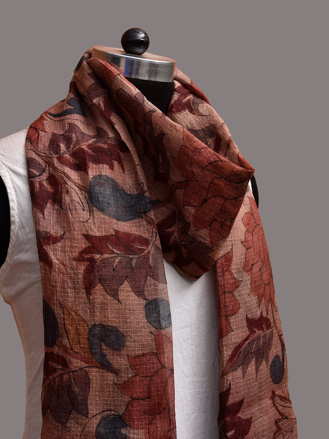 Peach Kalamkari Hand Painted Kota Cotton Dupatta with Floral and Peacocks Design ds3860