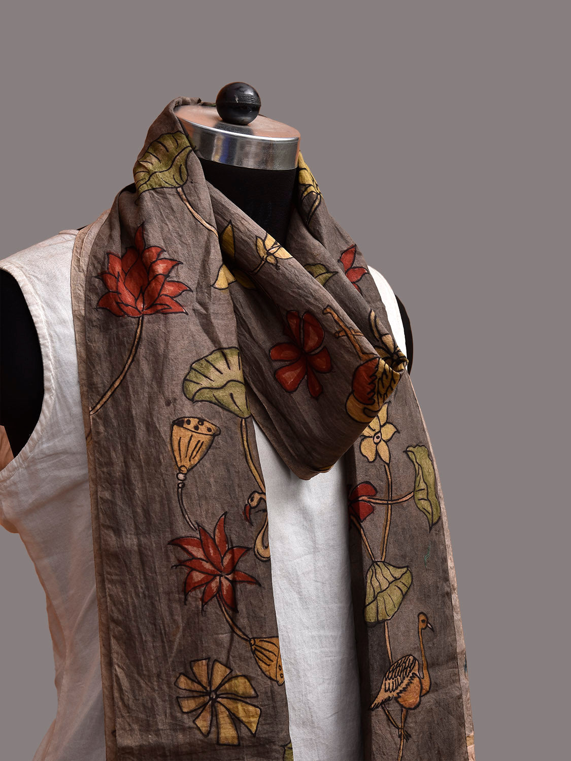 Grey and Mustard Kalamkari Hand Painted Cotton Silk Dupatta with Floral and Birds Design ds3861