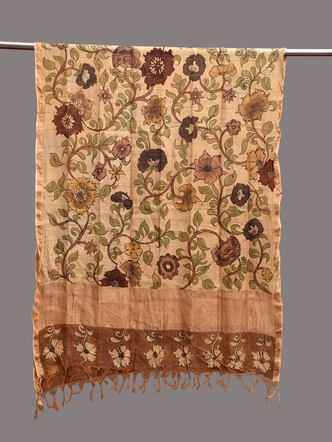 Cream Kalamkari Hand Painted Cotton Silk Dupatta with Floral Design ds3862
