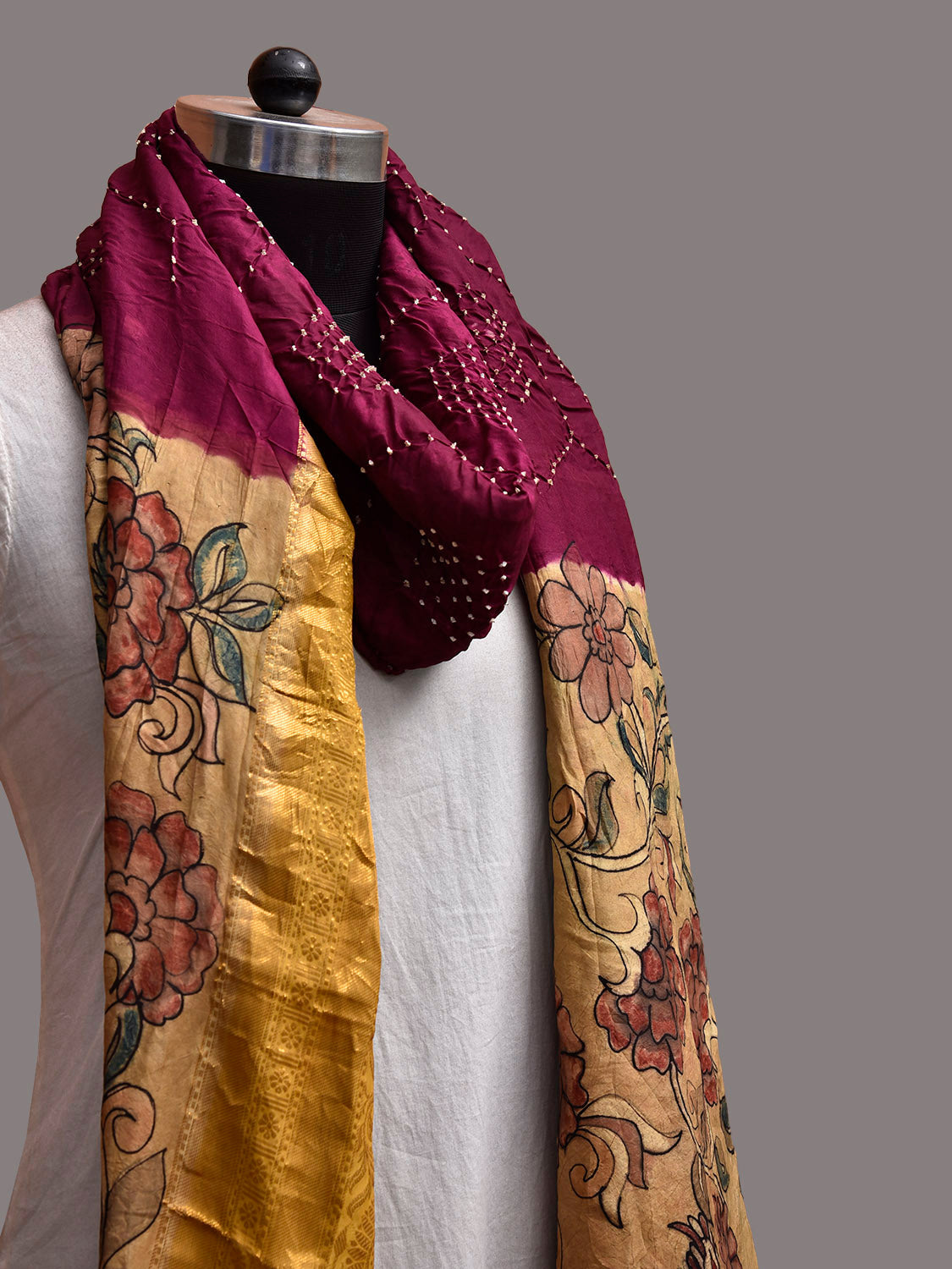Wine and Yellow Bandhani Kanchipuram Silk Dupatta with Hand Kalamkari Design ds3865