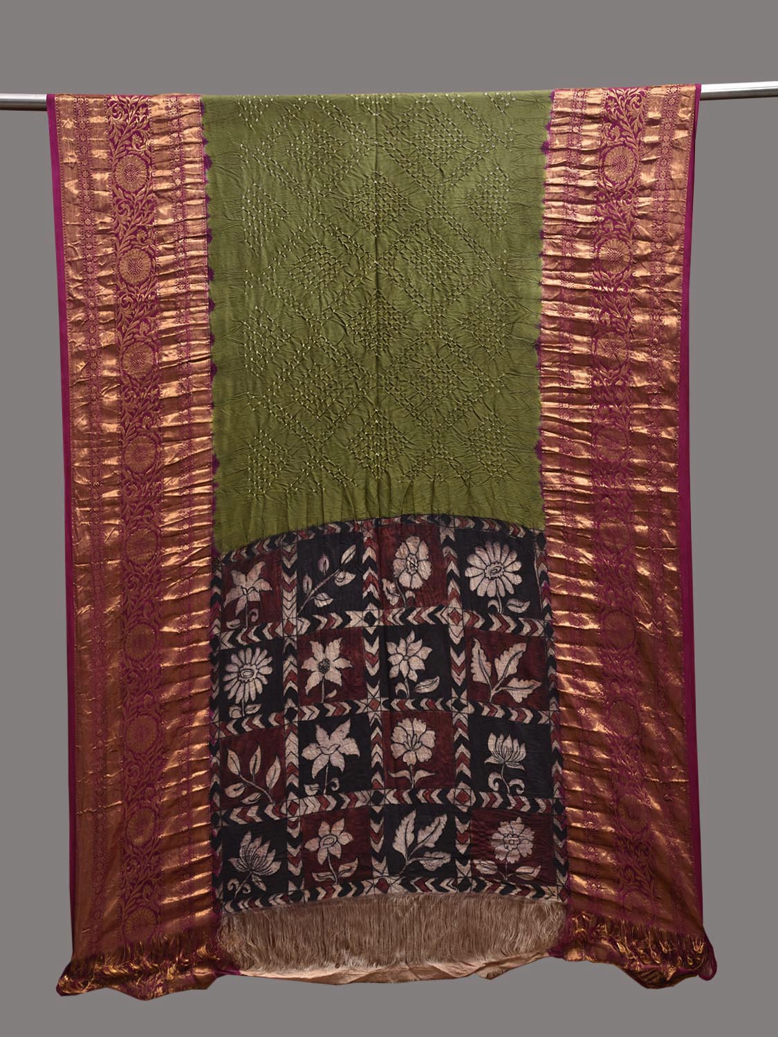 Green and Magenta Bandhani Kanchipuram Silk Dupatta with Hand Kalamkari Design ds3866