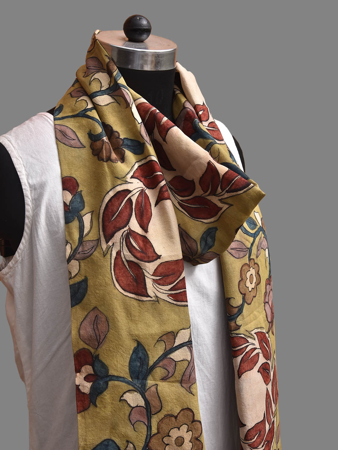 Yellow and Red Kalamkari Hand Painted Sico Stole with Floral and Leaves Design ds3881