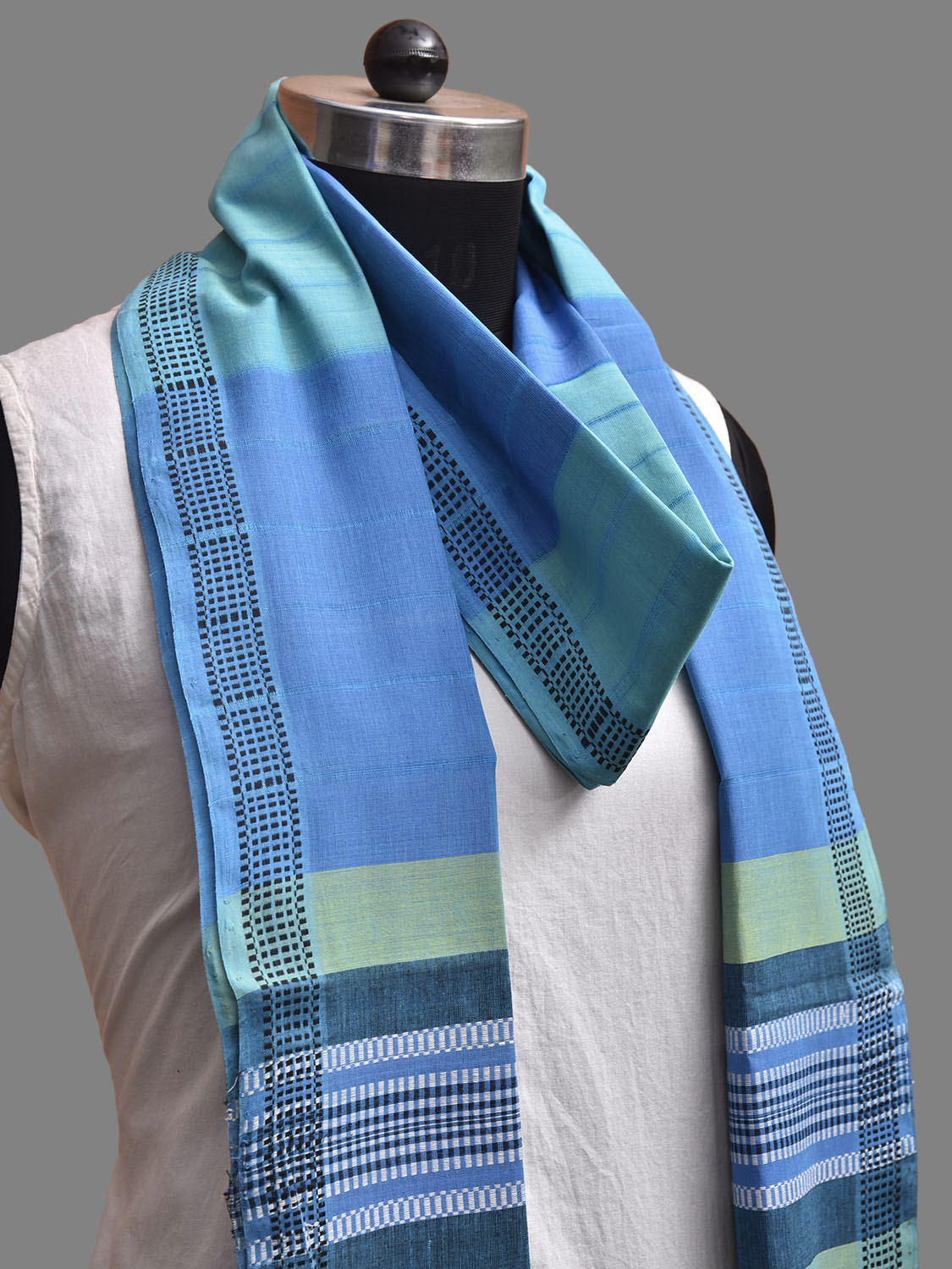 Blue and Turquoise Mangalgiri Cotton Handloom Dupatta with Strips Design ds3897