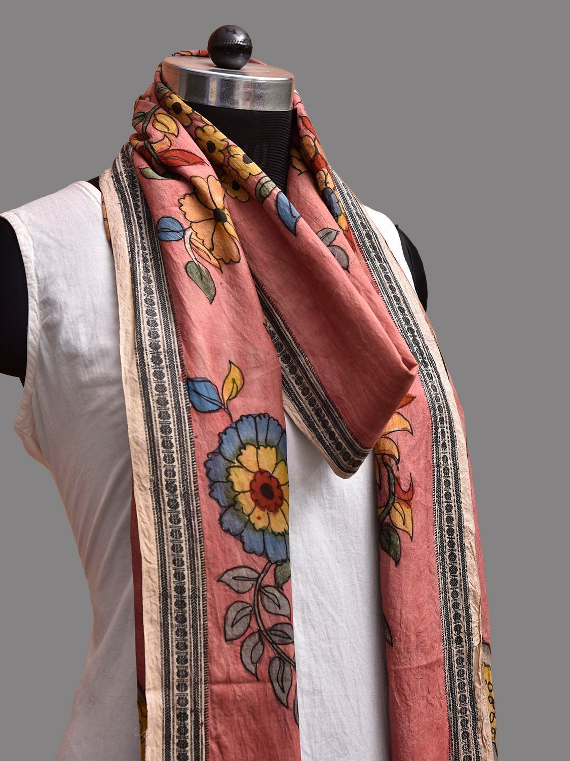Peach Kalamkari Hand Painted Cotton Handloom Dupatta with Tree of Life Design ds3899