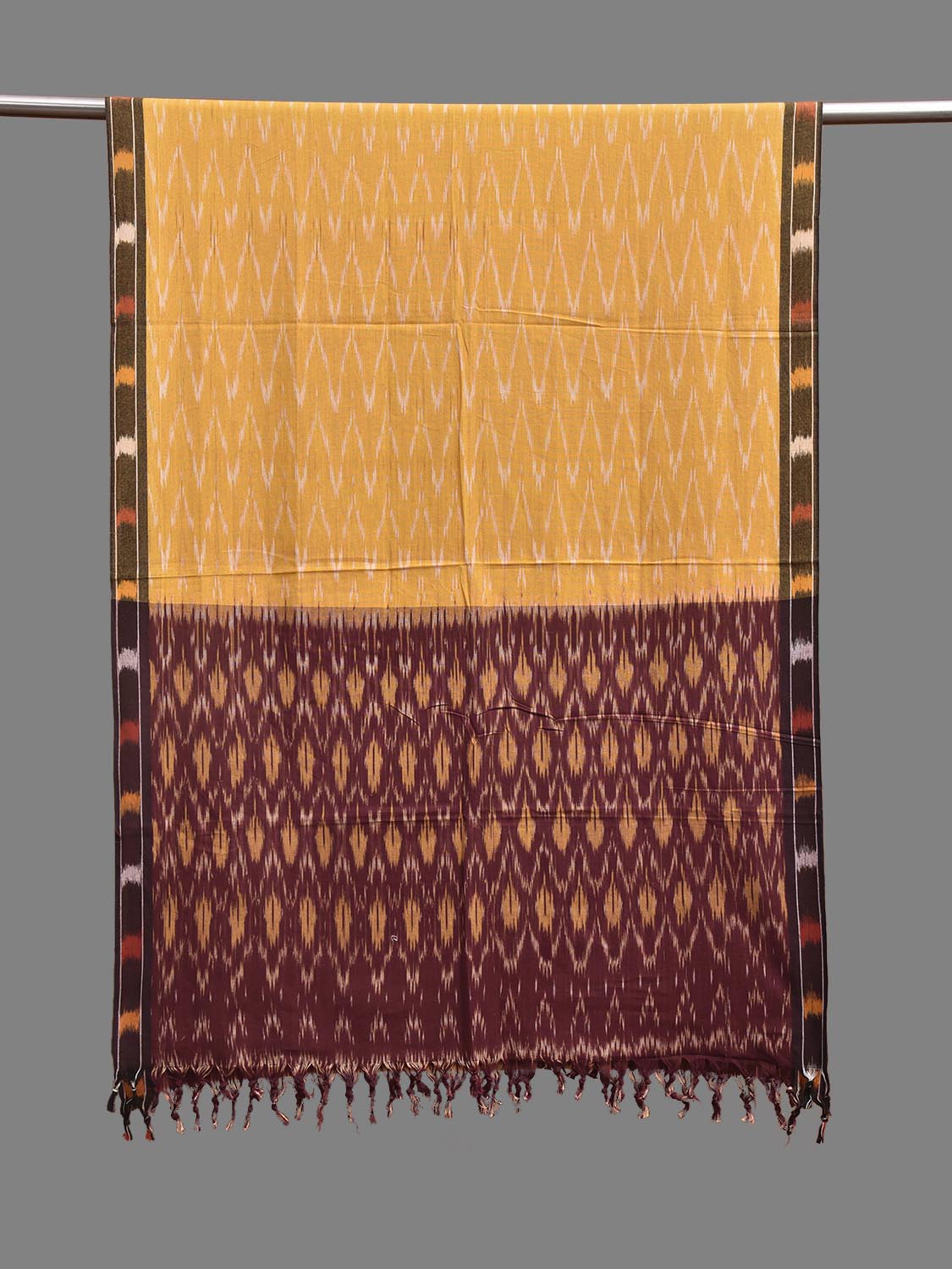Yellow and Maroon Pochampally Ikat Cotton Handloom Dupatta with Zig-Zag Design ds3910