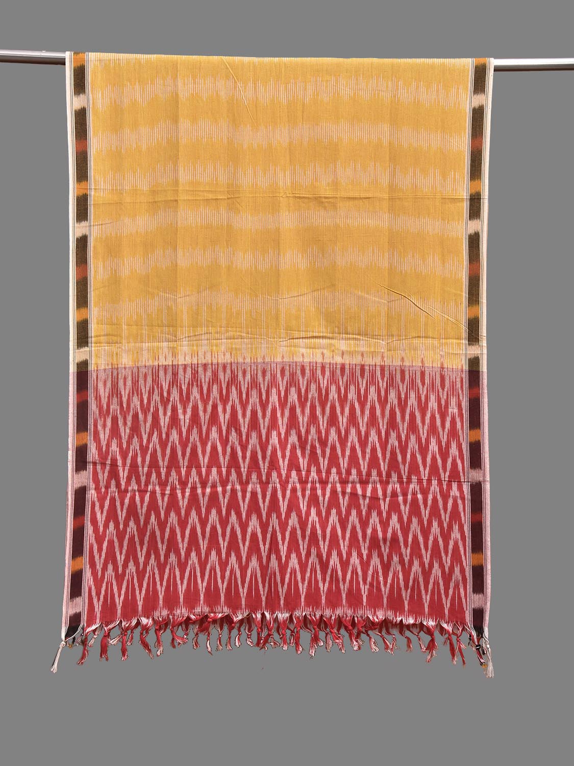 Yellow and Red Pochampally Ikat Cotton Handloom Dupatta with Strips and Zig-Zag Design ds3912