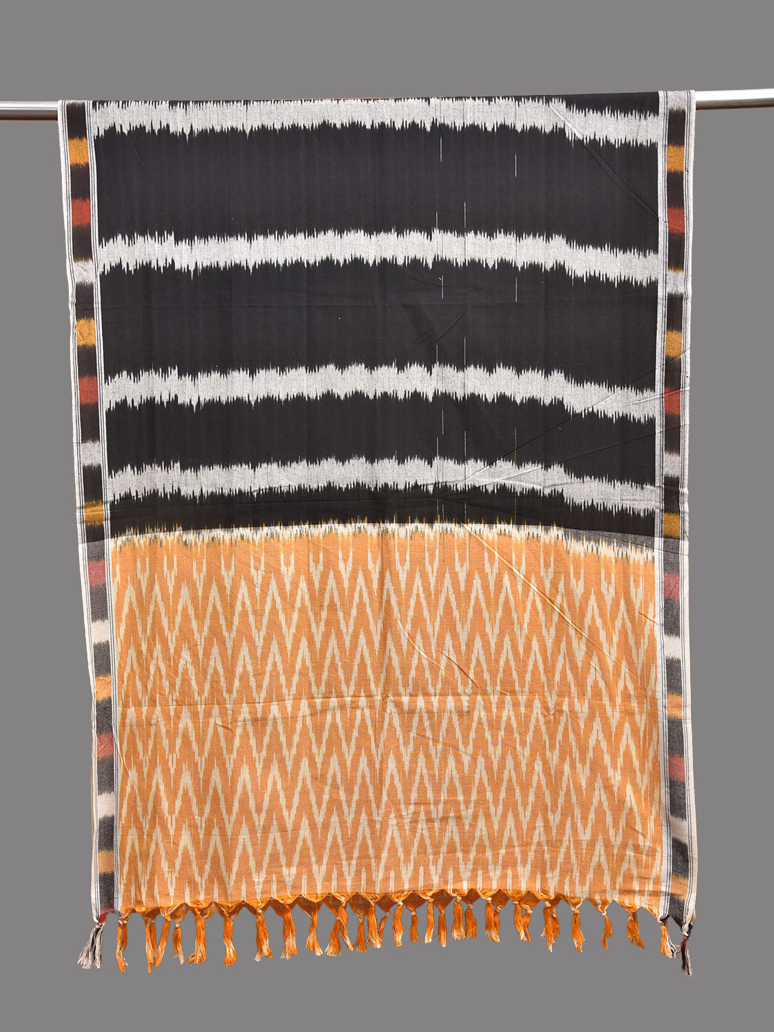 Black and Yellow Pochampally Ikat Cotton Handloom Dupatta with Strips and Zig-Zag Pallu Design ds3918