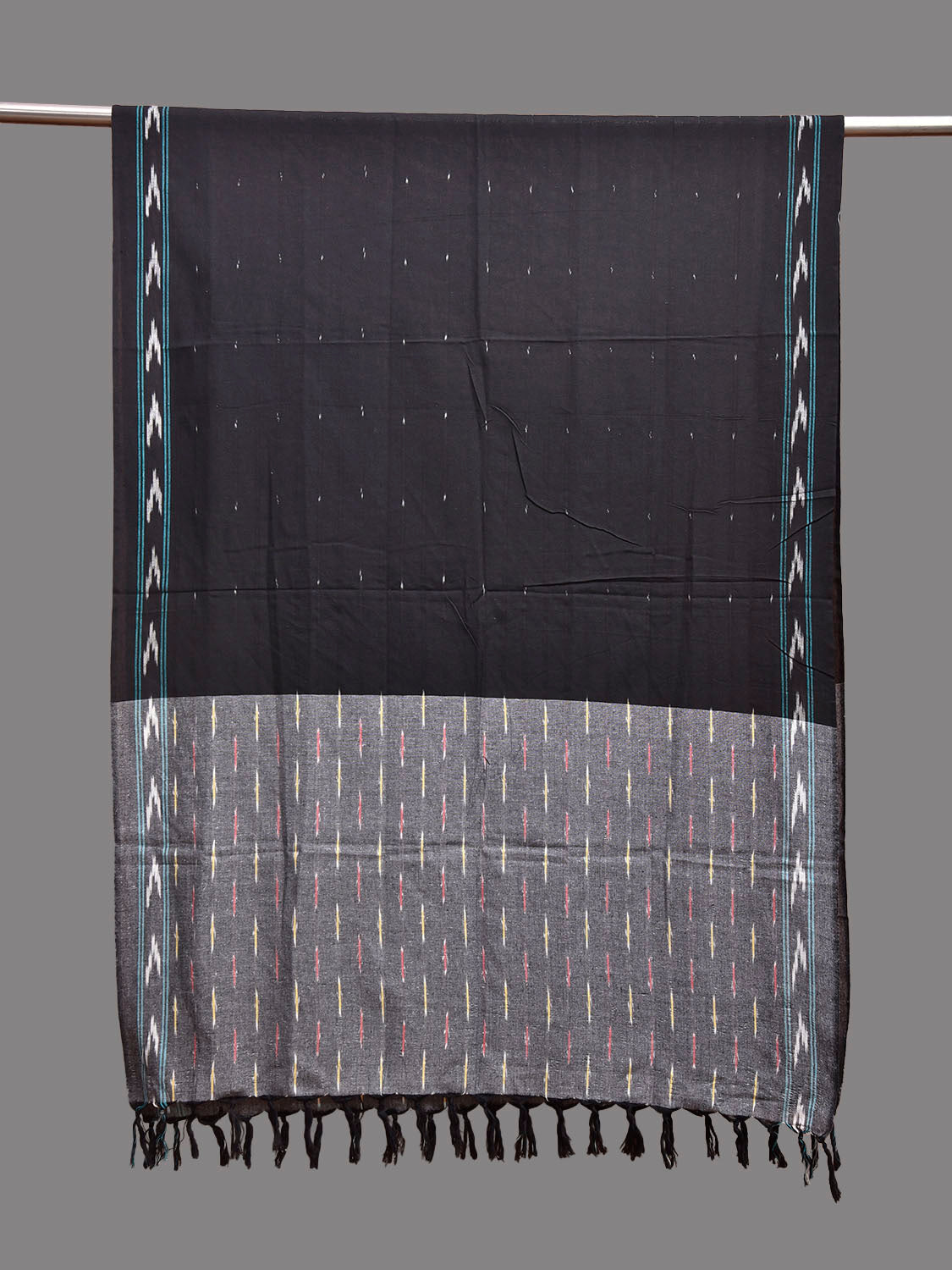 Black and Grey Pochampally Ikat Cotton Handloom Dupatta with Contrast Pallu Design ds3919