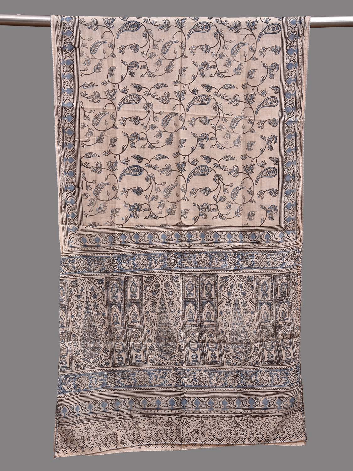 Cream and Blue Kalamkari Block Print Cotton Stole with Floral Design ds3921