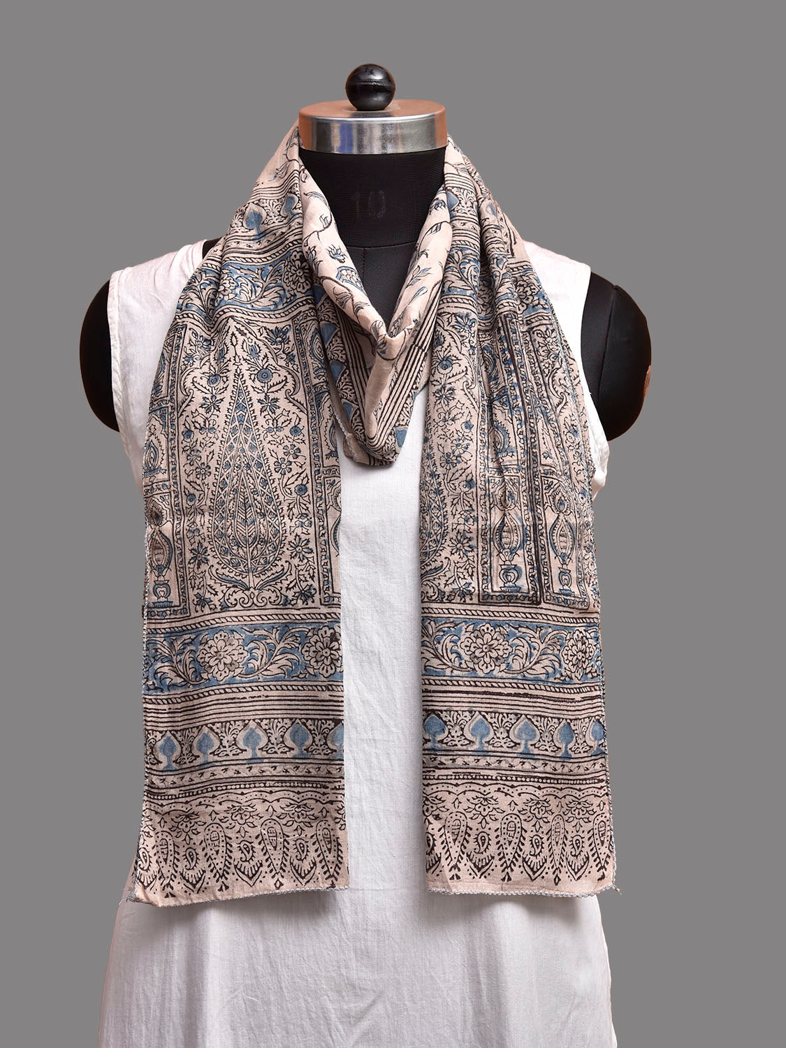 Cream and Blue Kalamkari Block Print Cotton Stole with Floral Design ds3921