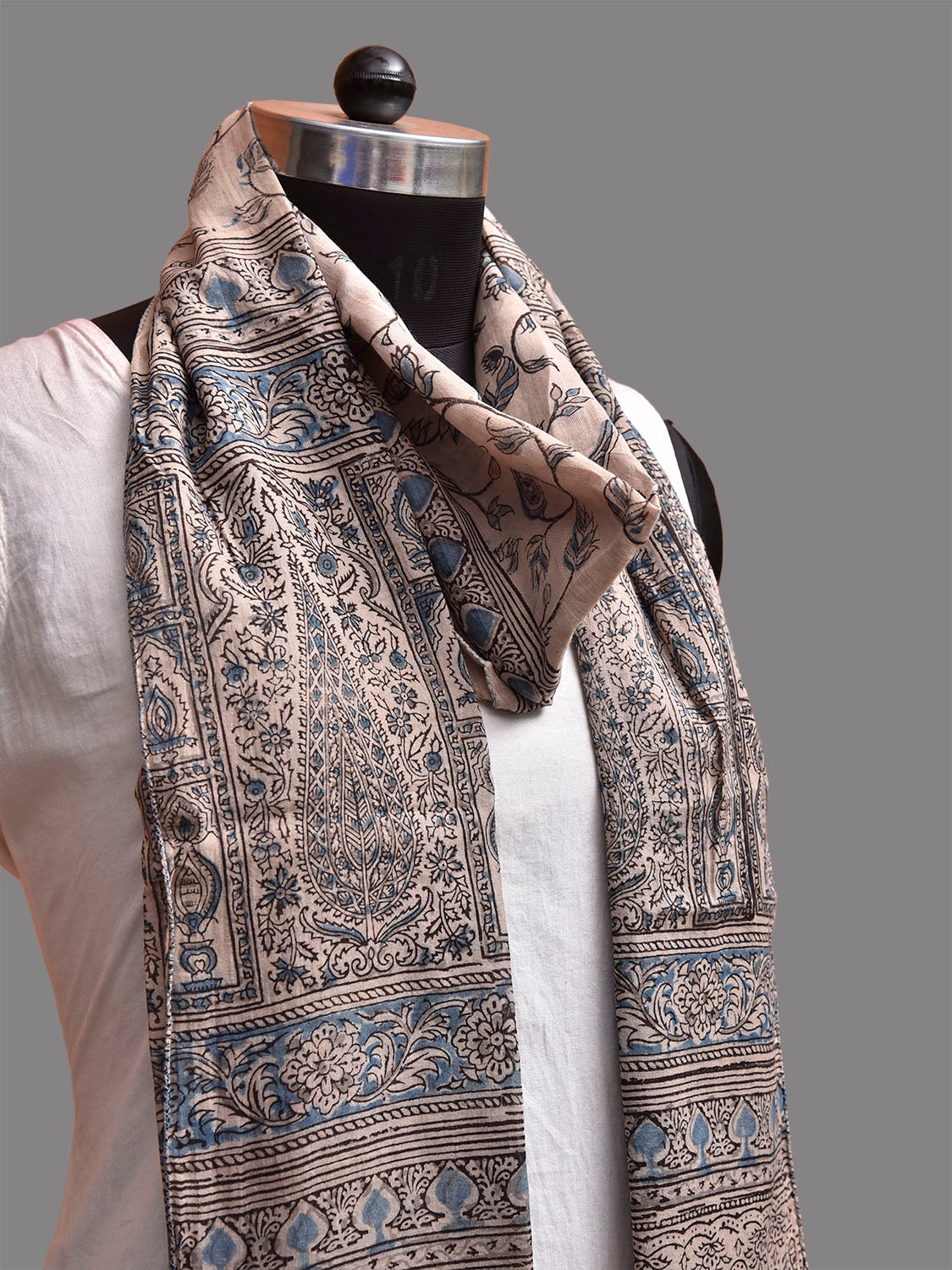 Cream and Blue Kalamkari Block Print Cotton Stole with Floral Design ds3921