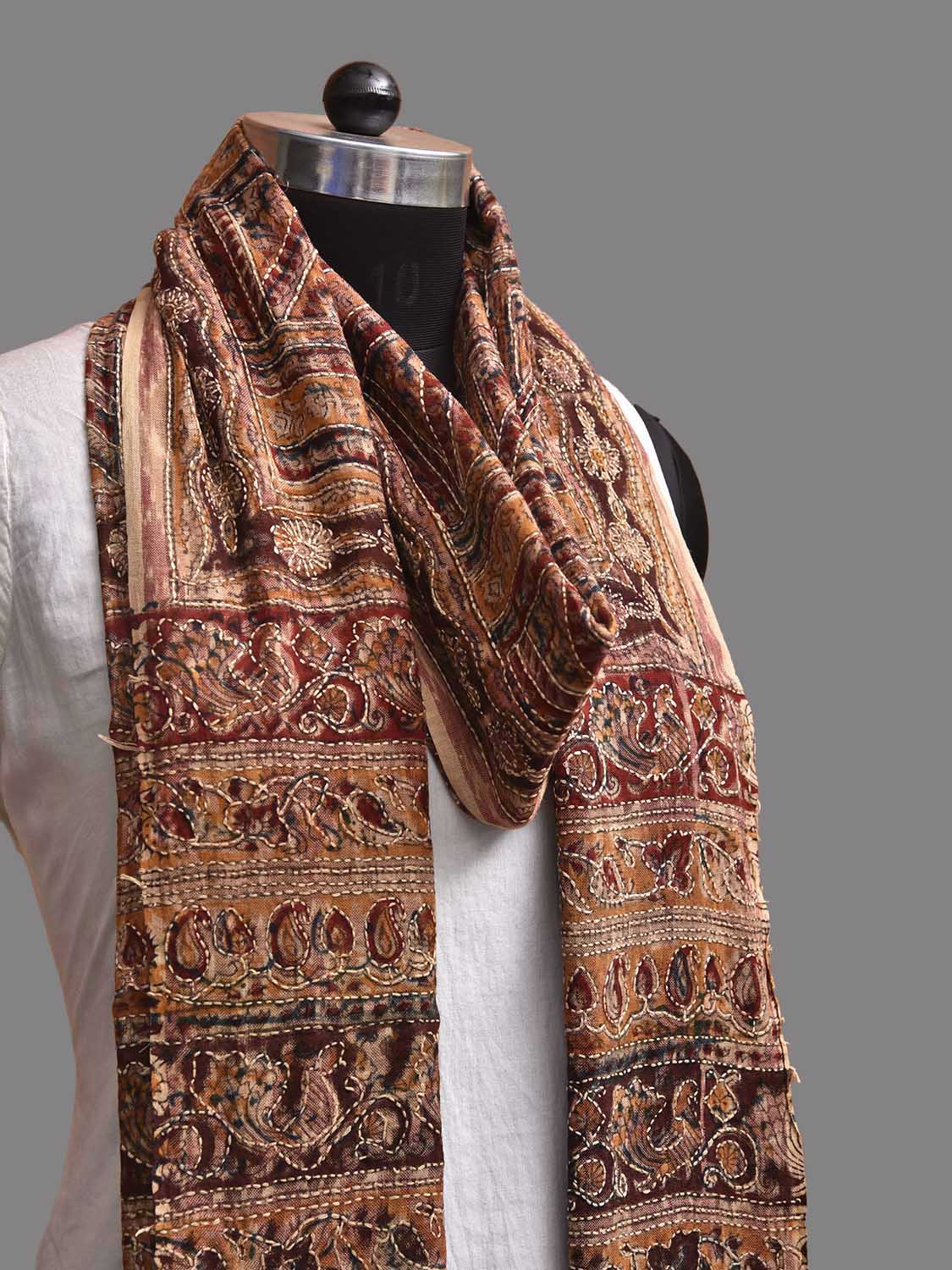 Red and Cream Kalamkari Block Print Cotton Dupatta with Kantha Work Design ds3922