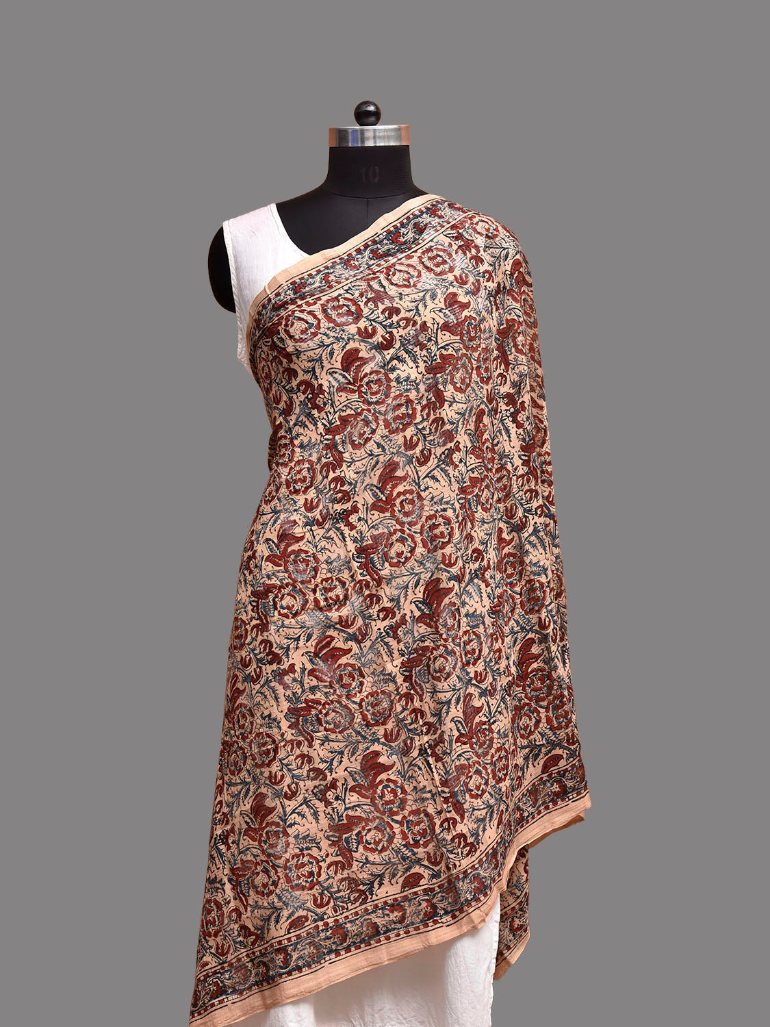 Red and Cream Kalamkari Block Print Cotton Dupatta with Floral Design ds3924