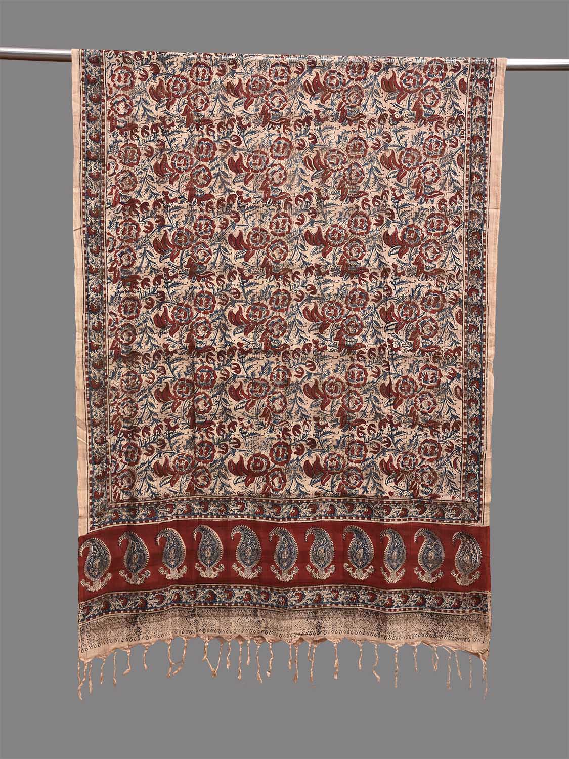 Red and Cream Kalamkari Block Print Cotton Dupatta with Floral Design ds3924
