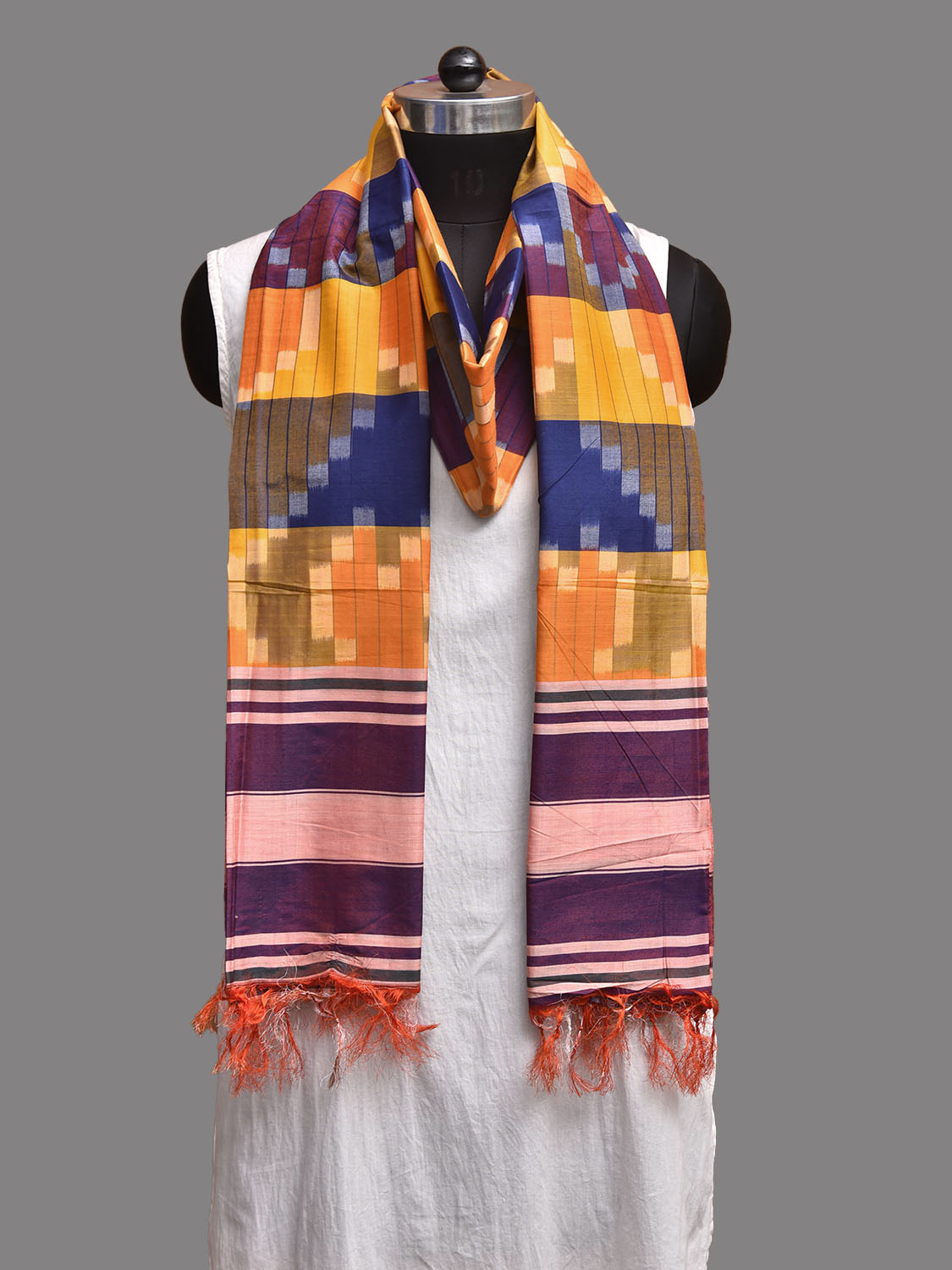 Yellow and Blue Ikat Cotton Silk Dupatta with Zig-Zag Design ds3925