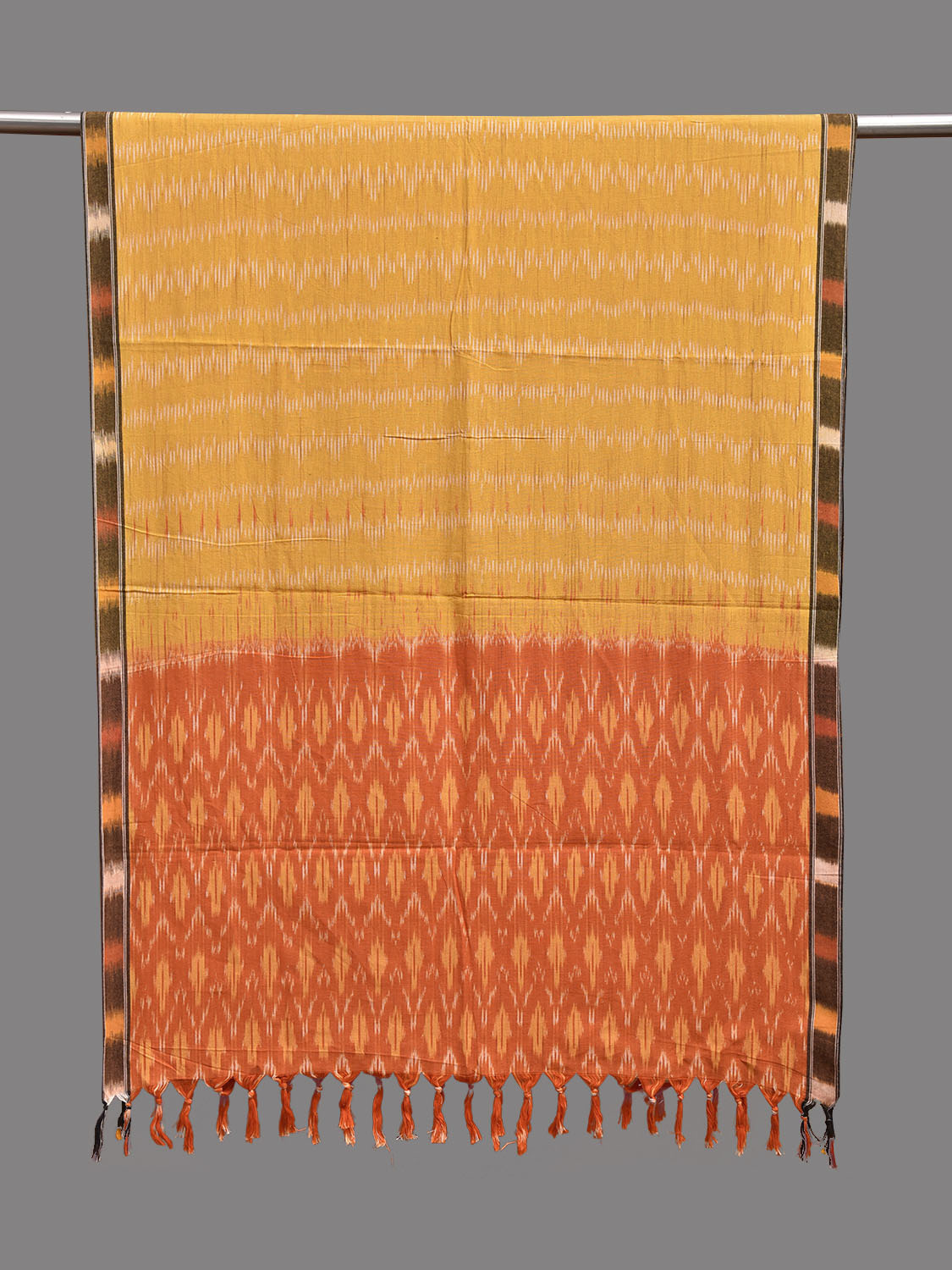 Yellow and Orange Pochampally Ikat Cotton Handloom Dupatta with Grill Pallu Design ds3929