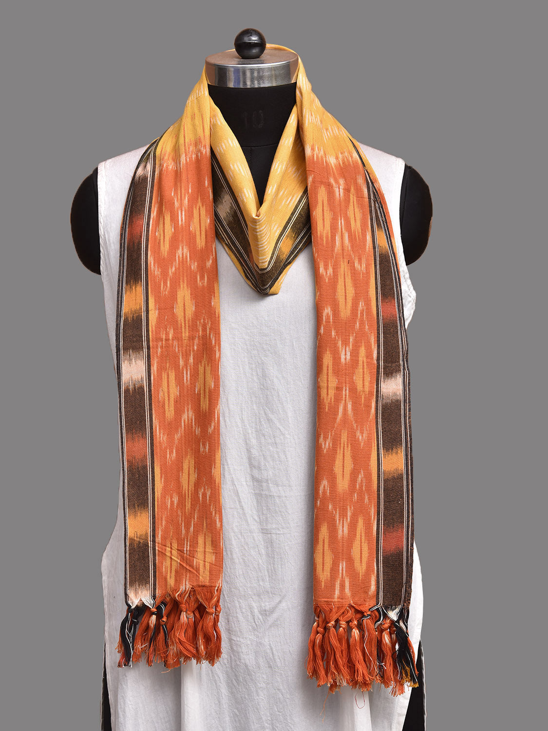 Yellow and Orange Pochampally Ikat Cotton Handloom Dupatta with Grill Pallu Design ds3929