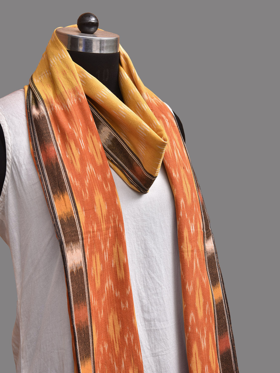 Yellow and Orange Pochampally Ikat Cotton Handloom Dupatta with Grill Pallu Design ds3929