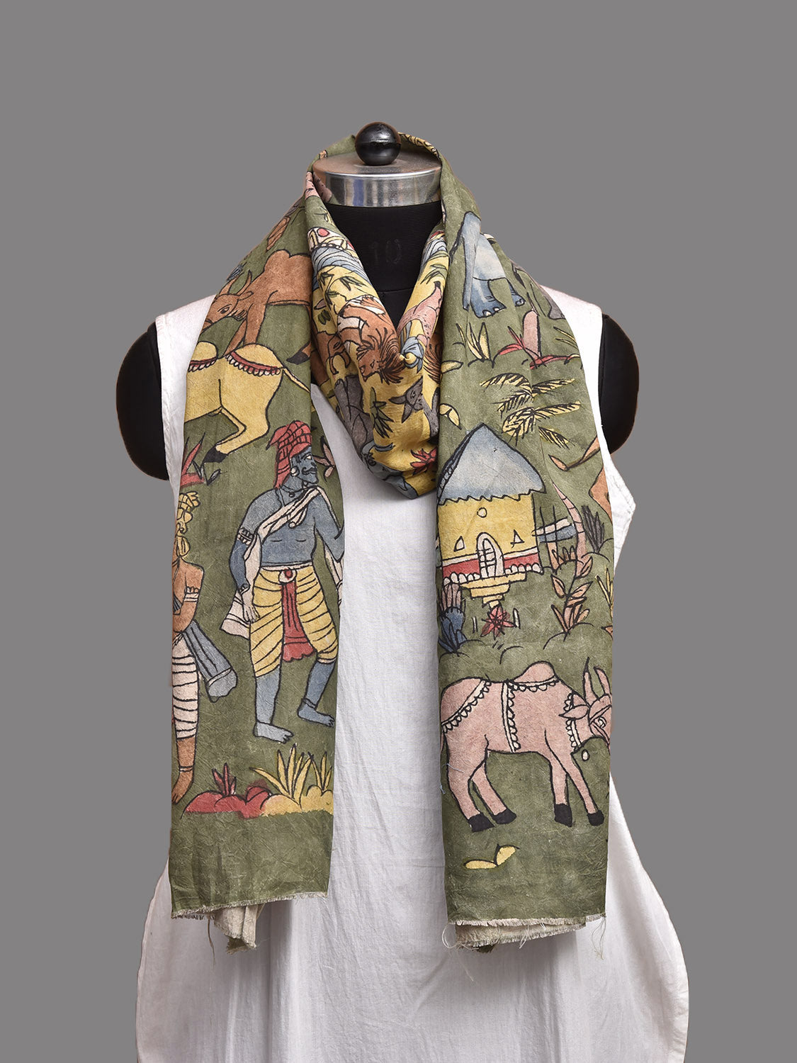 Green Kalamkari Hand Painted Sico Stole with Animals and Village Theme Design ds3930