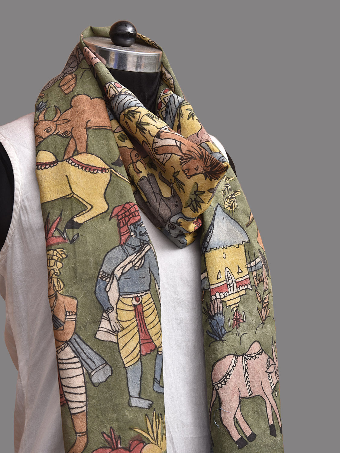 Green Kalamkari Hand Painted Sico Stole with Animals and Village Theme Design ds3930