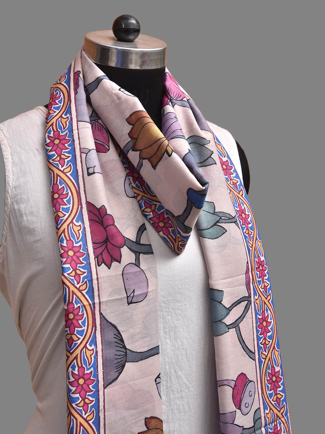 Beige and Lavender Printed Viscose Silk Dupatta with Floral Design ds3931