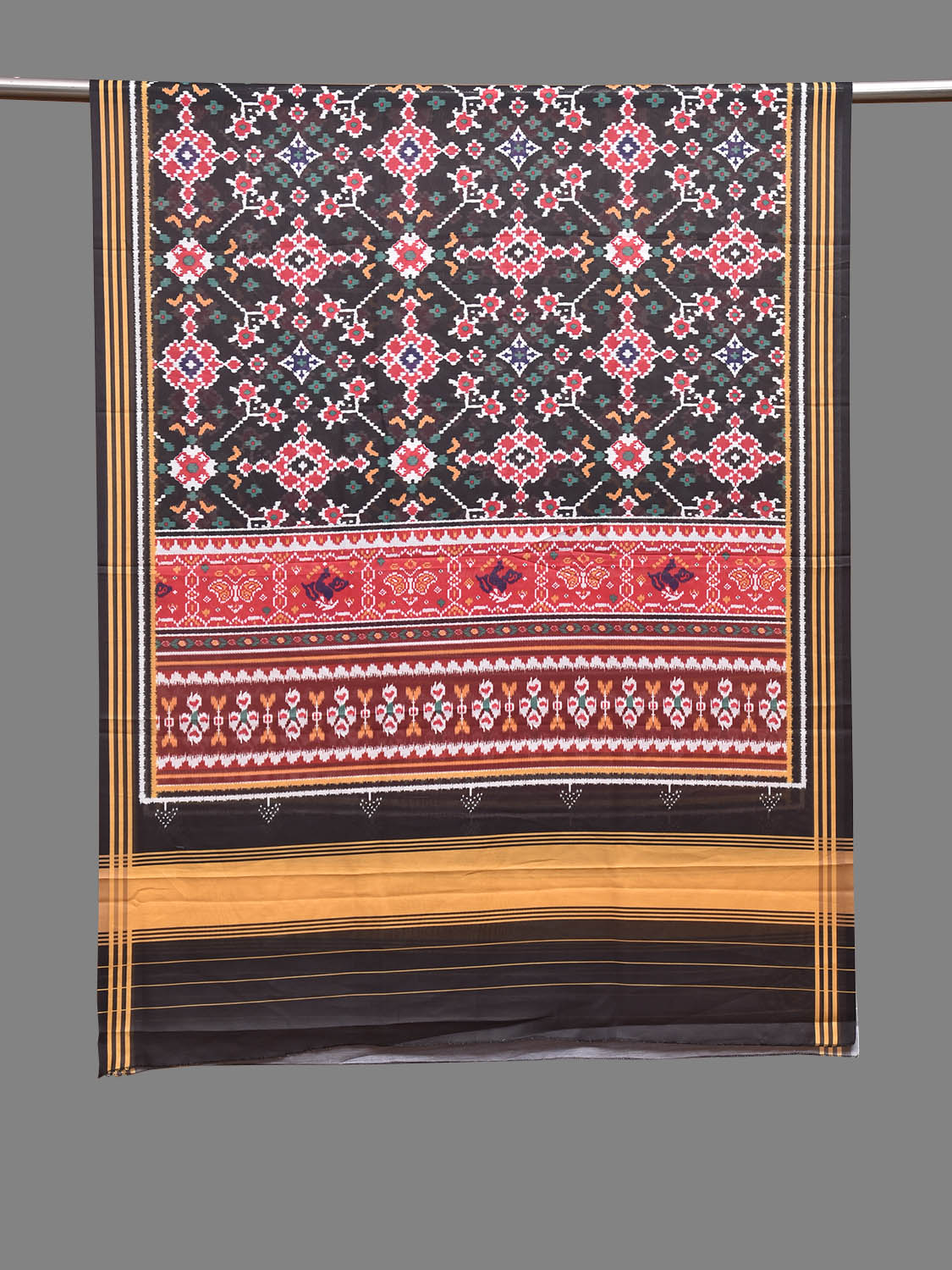 Black and Red Printed Viscose Silk Dupatta with Ikat Patola Design ds3932