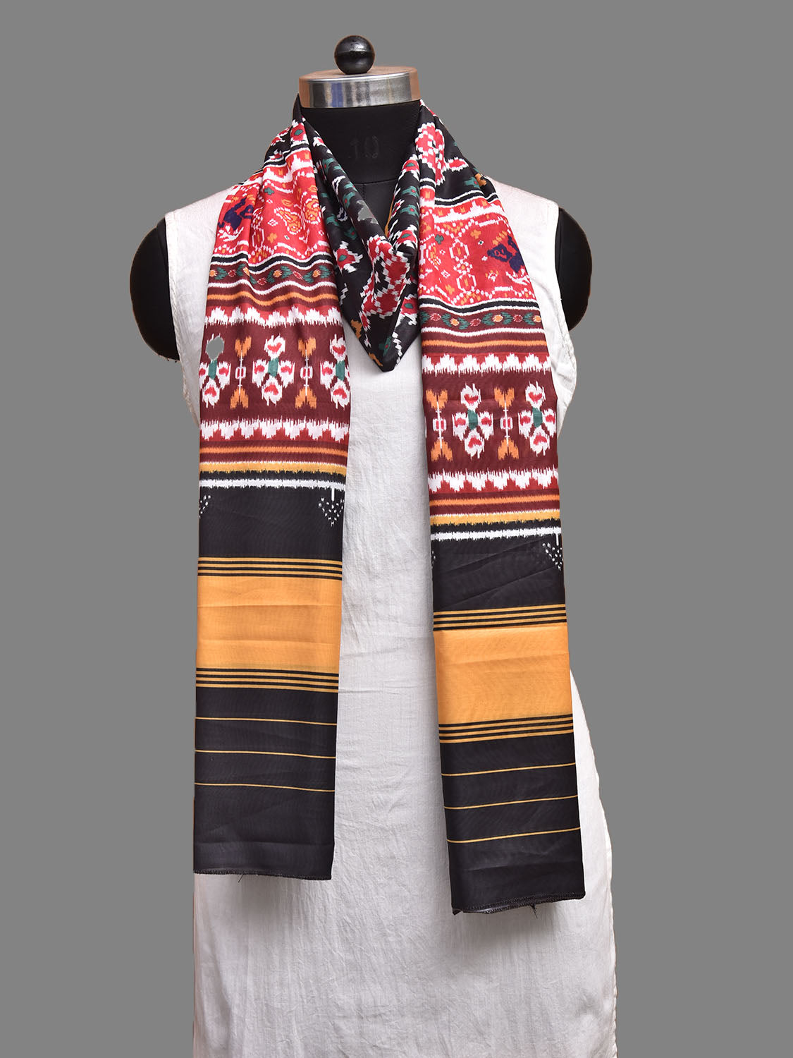 Black and Red Printed Viscose Silk Dupatta with Ikat Patola Design ds3932