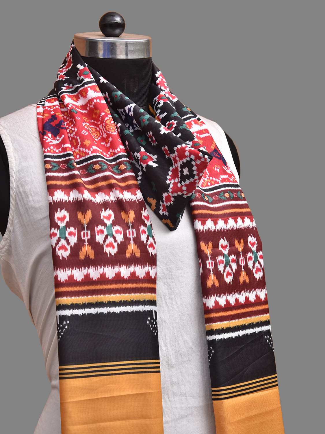 Black and Red Printed Viscose Silk Dupatta with Ikat Patola Design ds3932