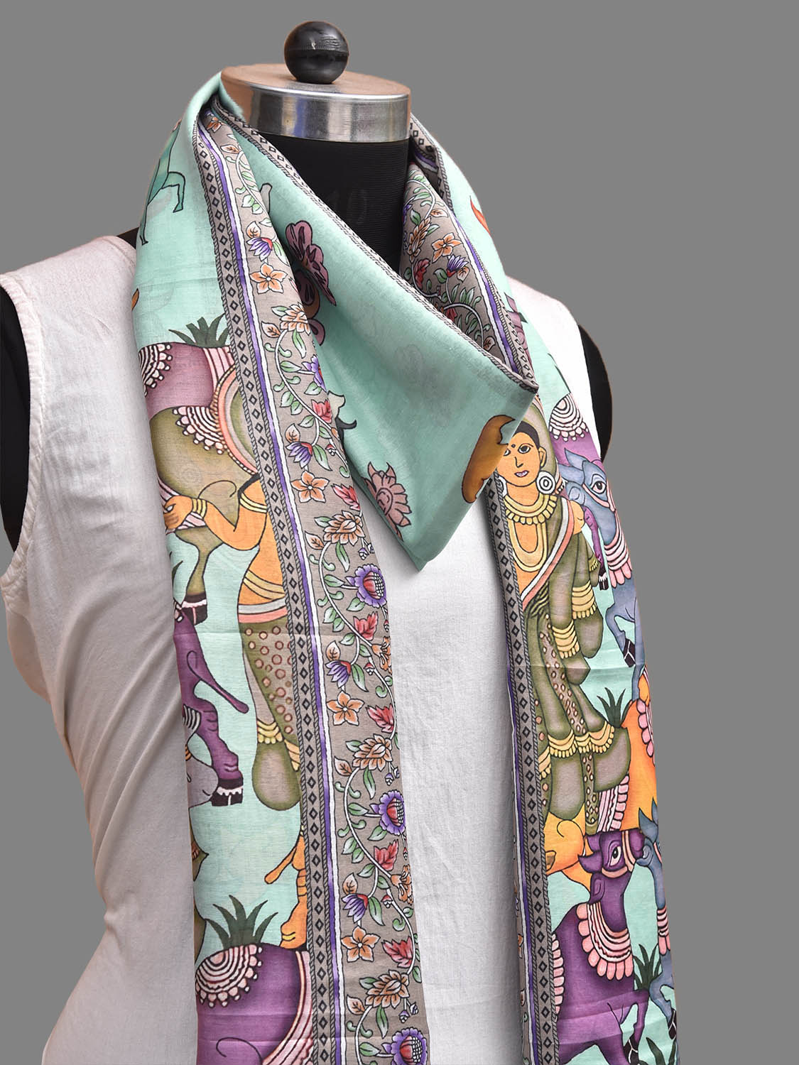 Turquoise and Lavender Printed Viscose Silk Dupatta with Cows Design ds3933