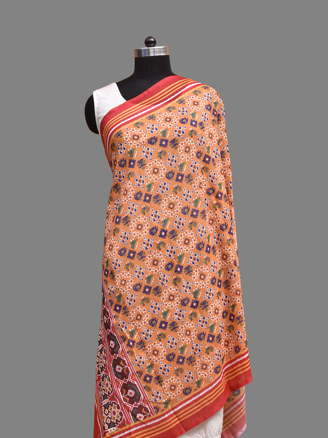 Orange and Red Printed Viscose Silk Dupatta with Pochampally Ikat Patola Design ds3934
