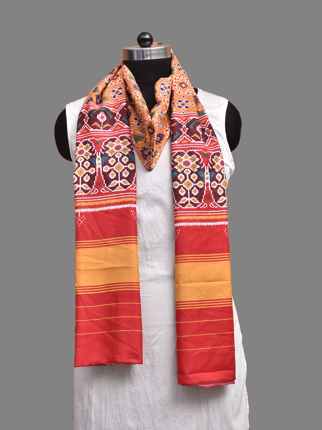 Orange and Red Printed Viscose Silk Dupatta with Pochampally Ikat Patola Design ds3934