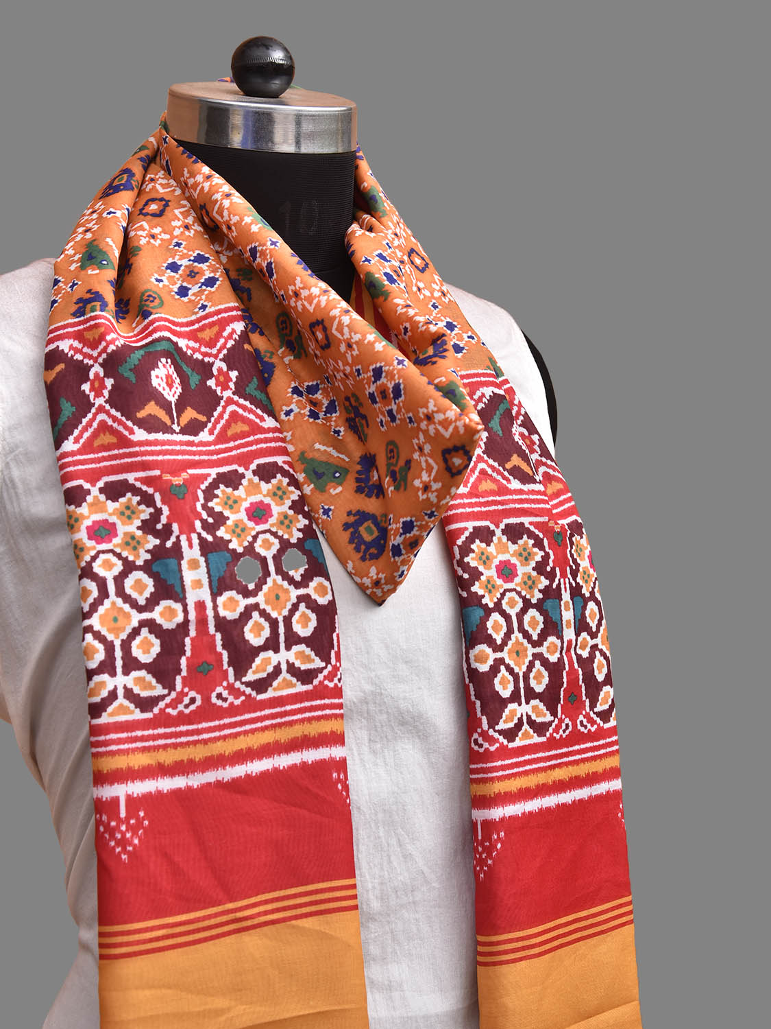 Orange and Red Printed Viscose Silk Dupatta with Pochampally Ikat Patola Design ds3934