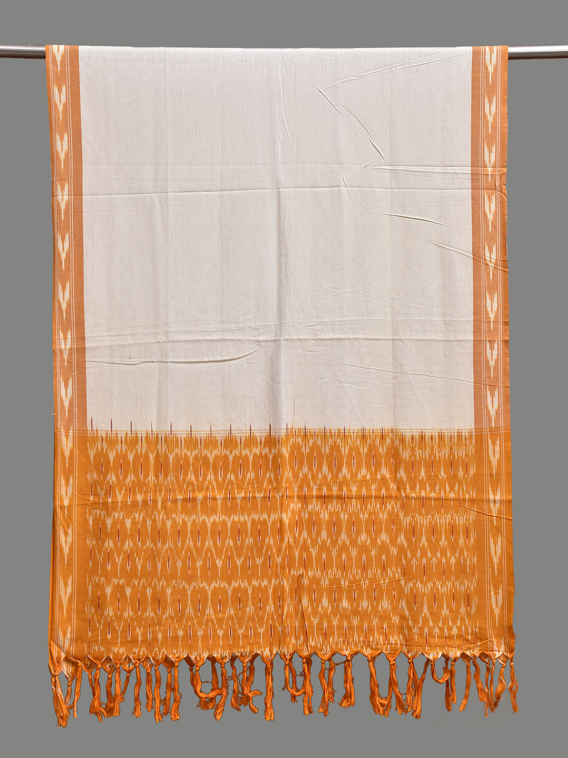 White and Yellow Pochampally Ikat Cotton Handloom Dupatta with Grill Pallu Design ds3935