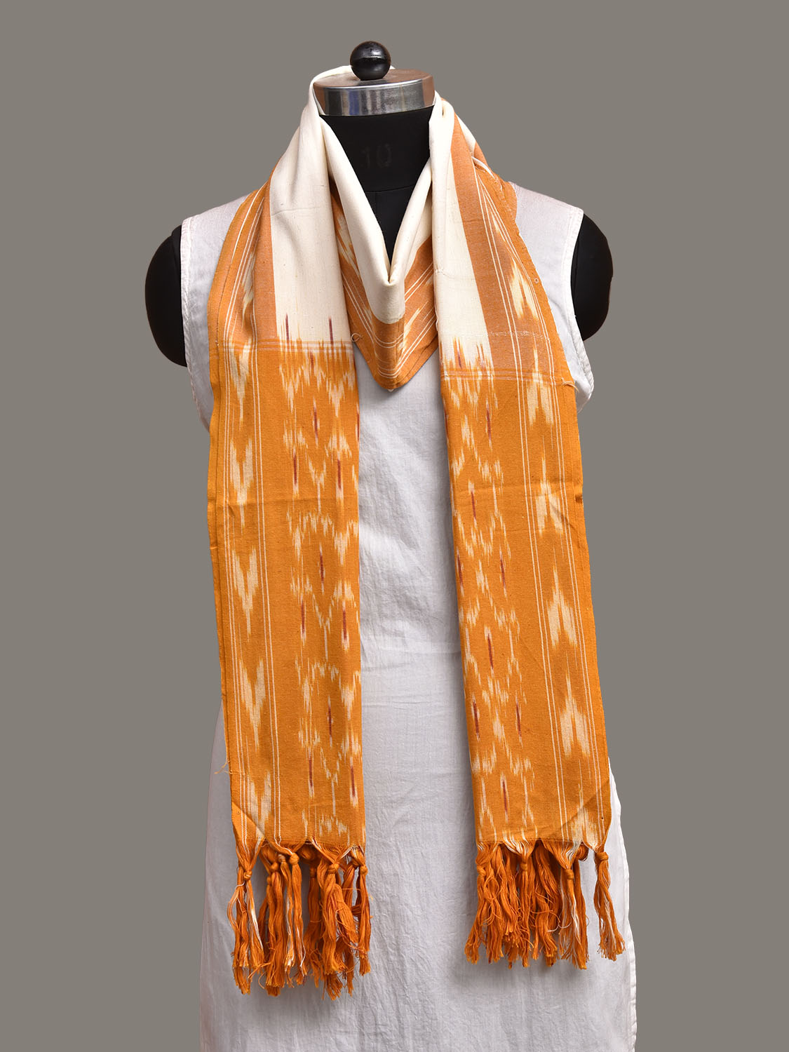 White and Yellow Pochampally Ikat Cotton Handloom Dupatta with Grill Pallu Design ds3935