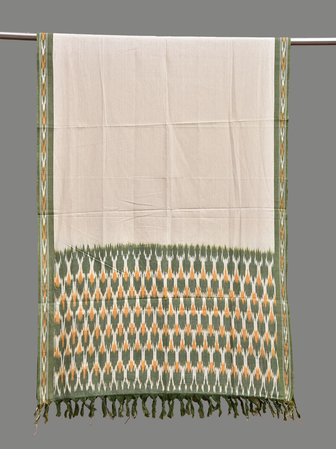 White and Light Green Pochampally Ikat Cotton Handloom Dupatta with Grill Pallu Design ds3936