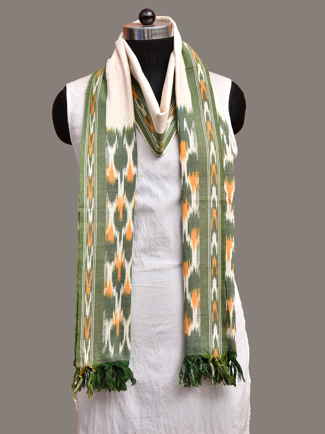 White and Light Green Pochampally Ikat Cotton Handloom Dupatta with Grill Pallu Design ds3936