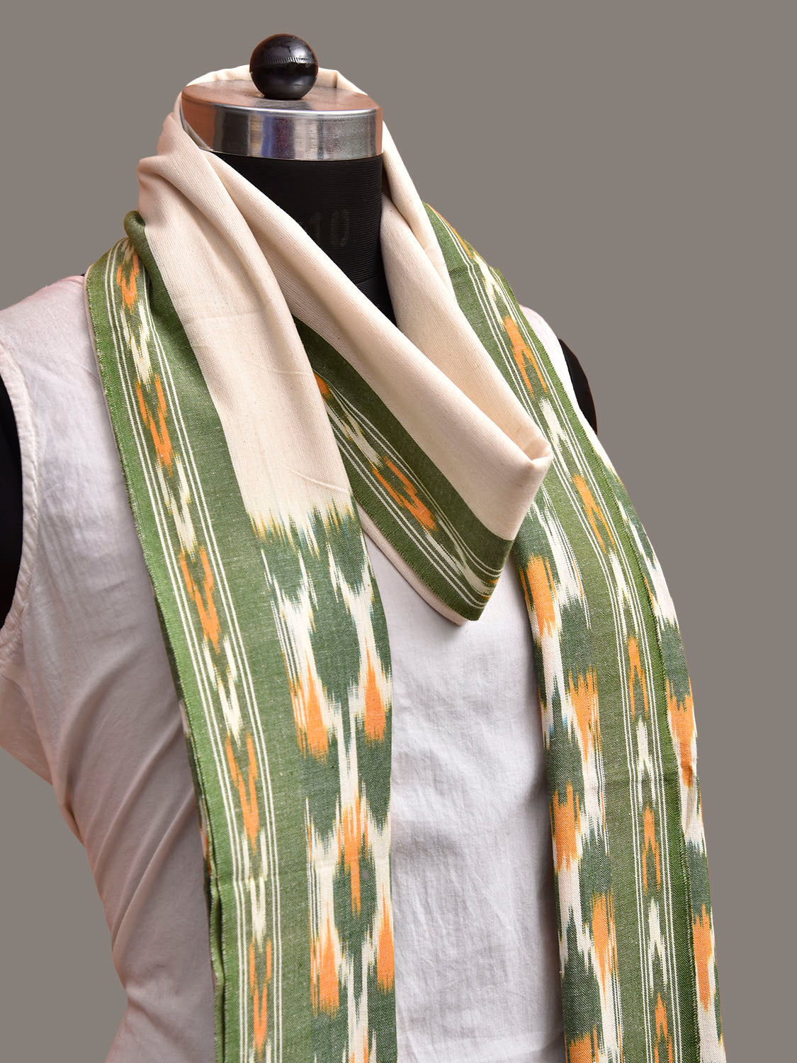 White and Light Green Pochampally Ikat Cotton Handloom Dupatta with Grill Pallu Design ds3936
