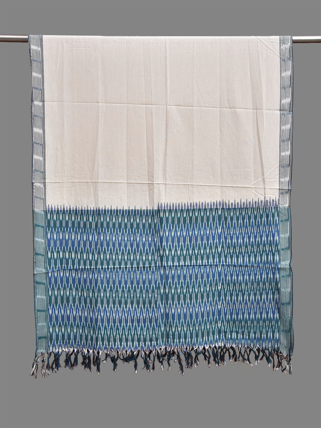 White and Teal Pochampally Ikat Cotton Handloom Dupatta with Grill Pallu Design ds3937