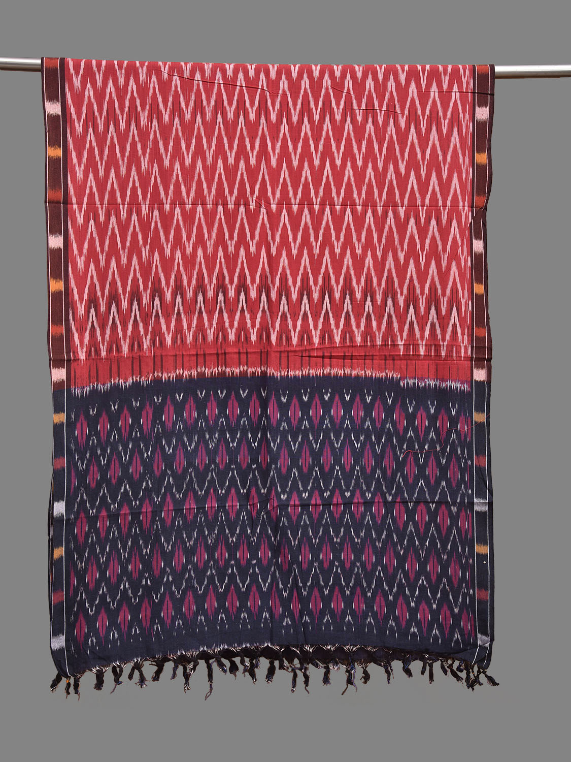 Red and Navy Pochampally Ikat Cotton Handloom Dupatta with Grill Pallu Design ds3939