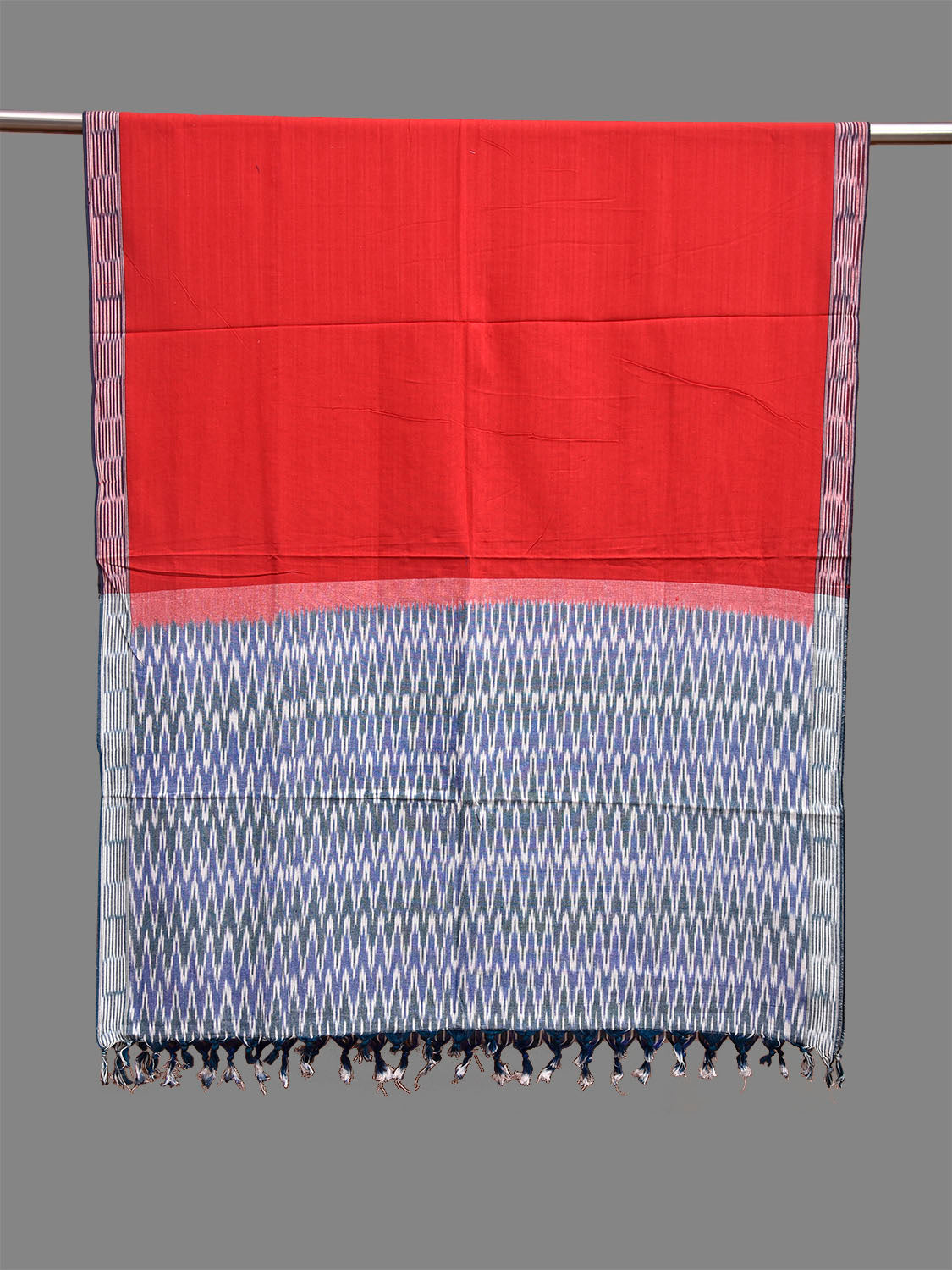 Red and Teal Pochampally Ikat Cotton Handloom Dupatta with Grill Pallu Design ds3940